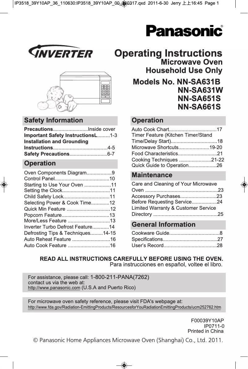 Page n°1 - Manuel utilisateur Panasonic NN-SA631