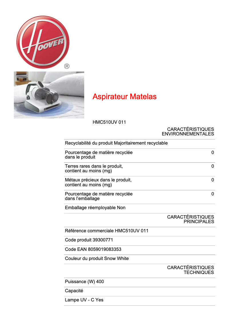 Page 1 de la notice Fiche technique Hoover HMC5