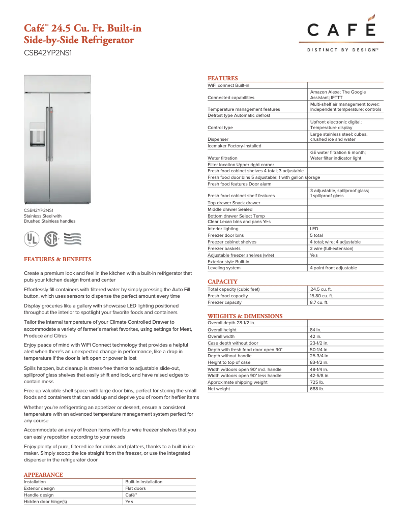 Page 1 de la notice Fiche technique GE Cafe CSB42YP2NS1