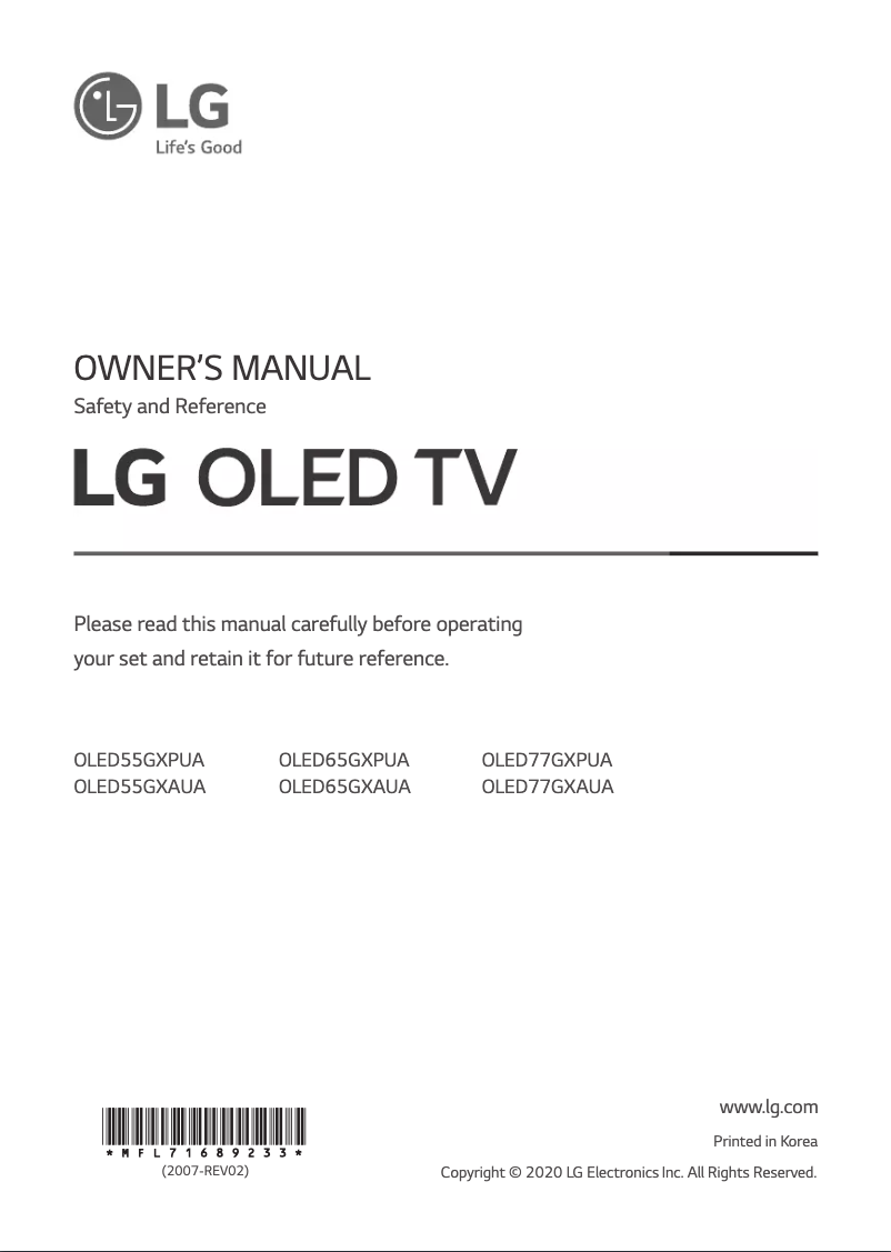 Page 1 de la notice Manuel utilisateur LG OLED55GXPUA