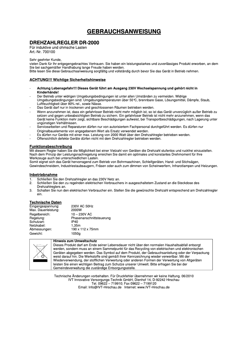 Page n°1 - Manuel utilisateur IVT DR-2000