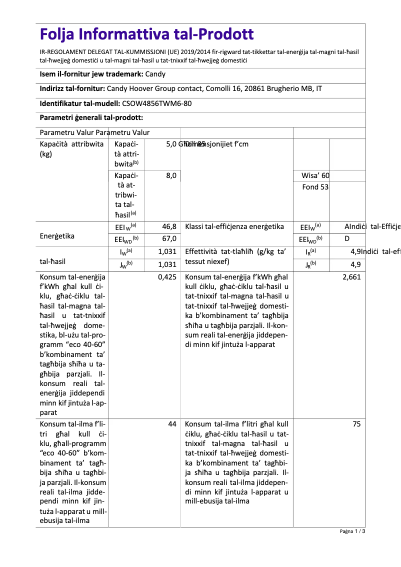 Page 1 de la notice Fiche technique Candy CSOW4856TWM6-80