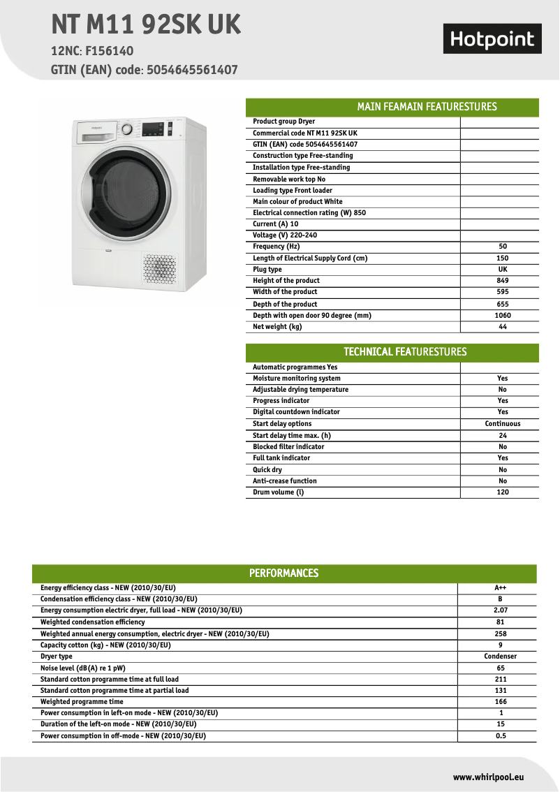 Page 1 de la notice Fiche technique Hotpoint NT M11 92SK UK