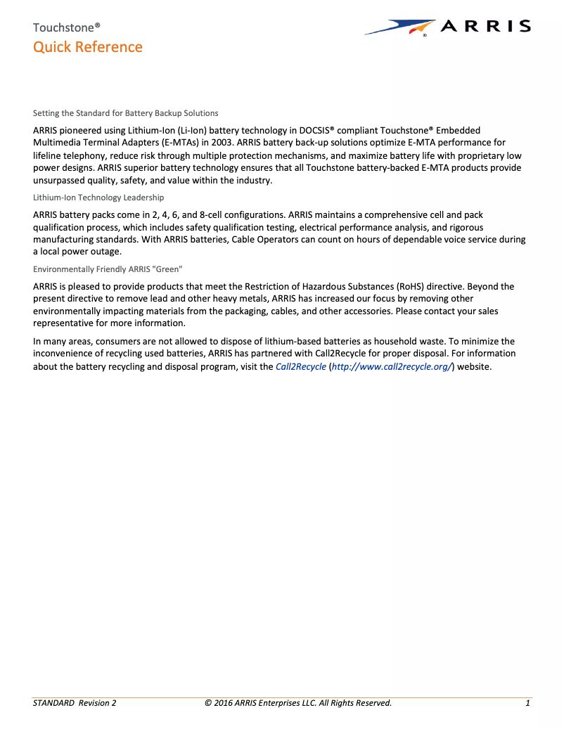 Page 1 de la notice Manuel utilisateur Arris Touchstone BPB044S