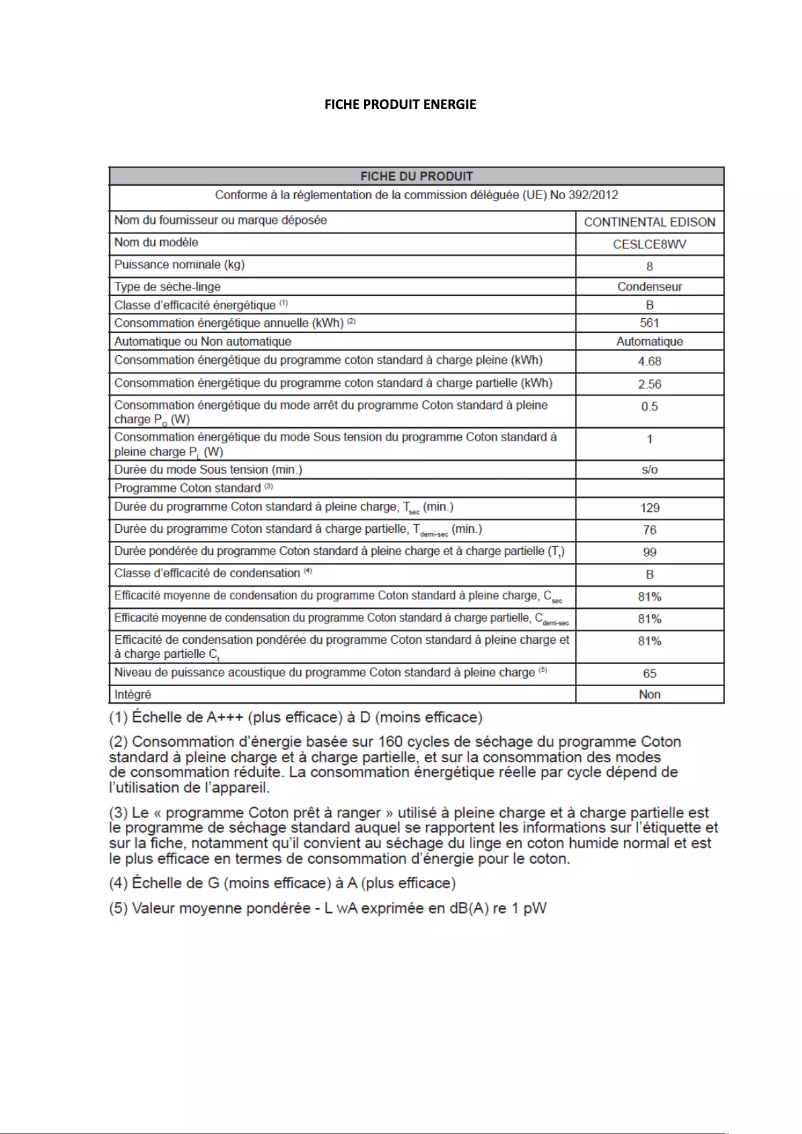 Page n°1 - Label énergétique Continental Edison CESLCE8WV