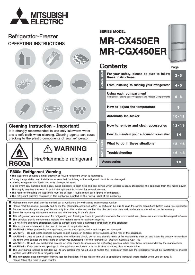 Page 1 de la notice Manuel utilisateur Mitsubishi MR-CGX450ER