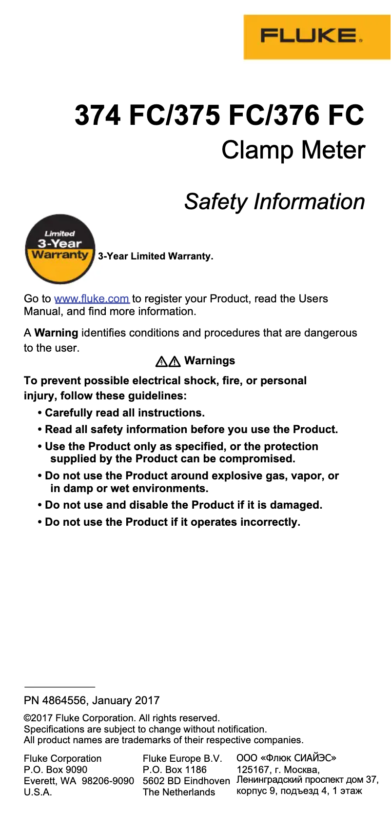 Página 1 del manual Instrucciones de seguridad Fluke 374 FC