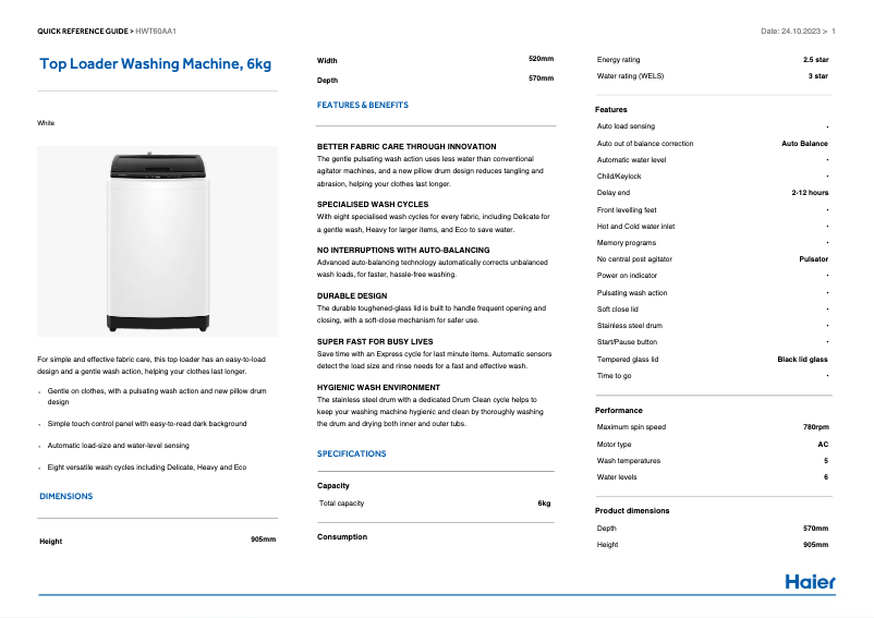 Page 1 de la notice Manuel utilisateur Haier HWT60AA1