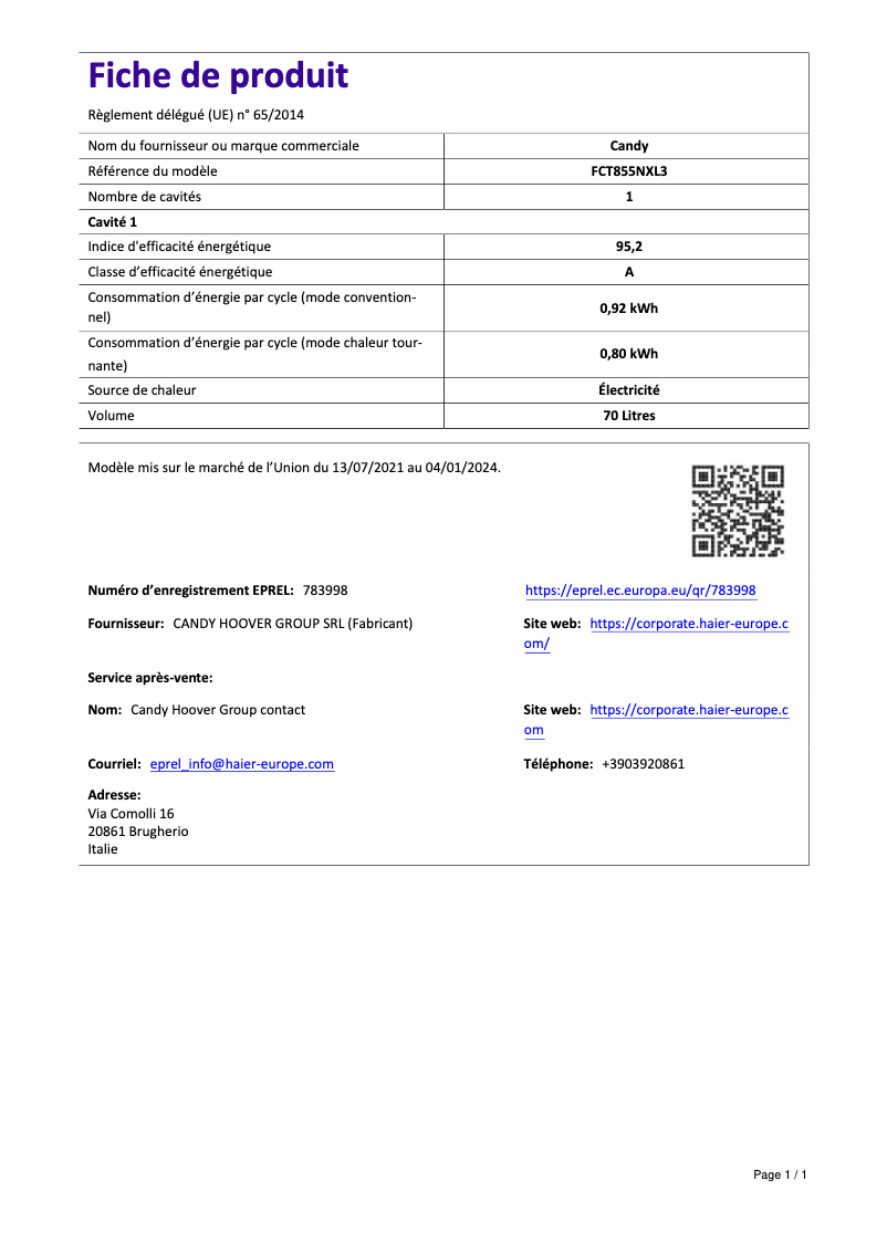 Image de la première page du manuel de l'appareil FCT855NXL3