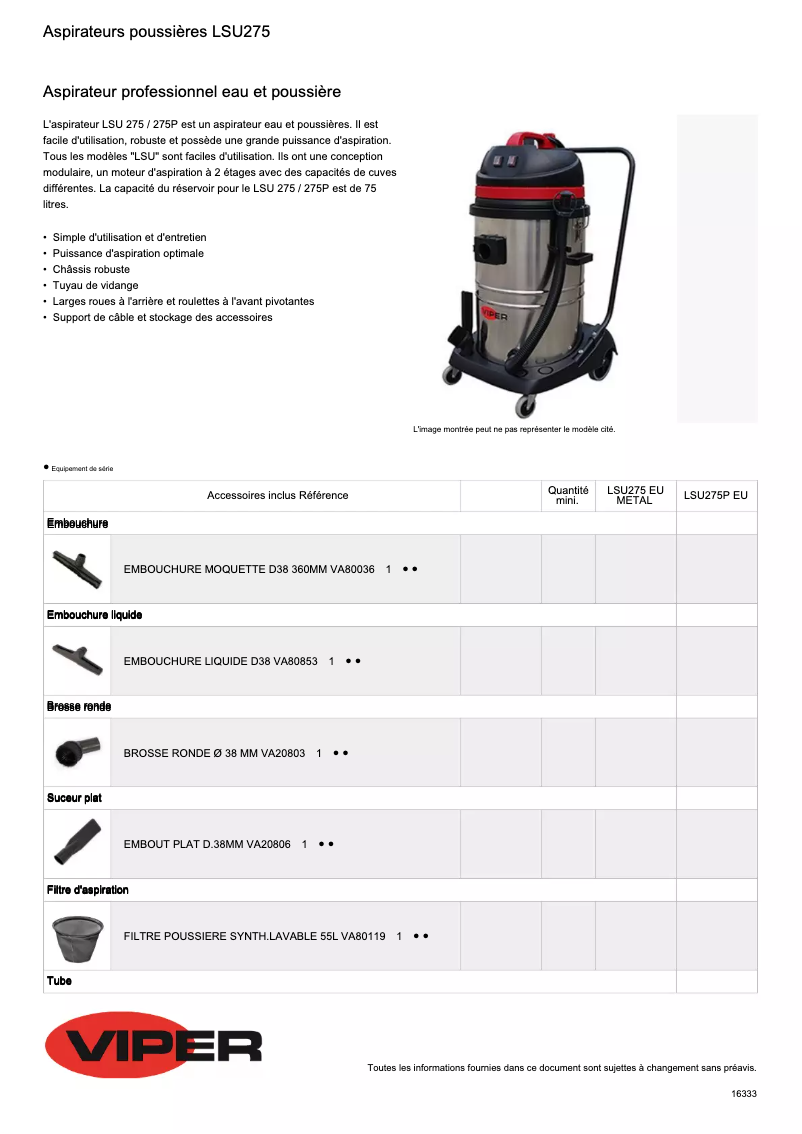 Page 1 de la notice Fiche technique Viper LSU275
