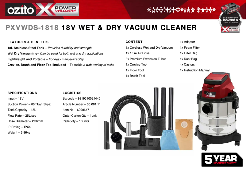 Page n°1 - Fiche technique Ozito PXVWDS-1818