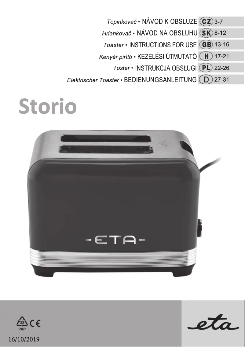 Page 1 of the manual User Manual Eta Storio 9166 90020