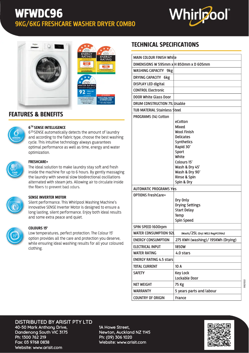 Page n°1 - Fiche technique Whirlpool WFWDC96