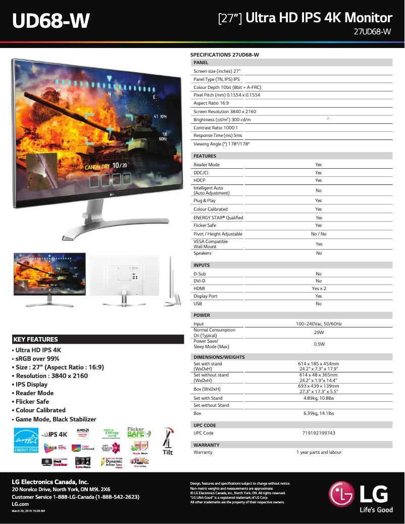 Page 1 de la notice Fiche technique LG 27UD68P-B