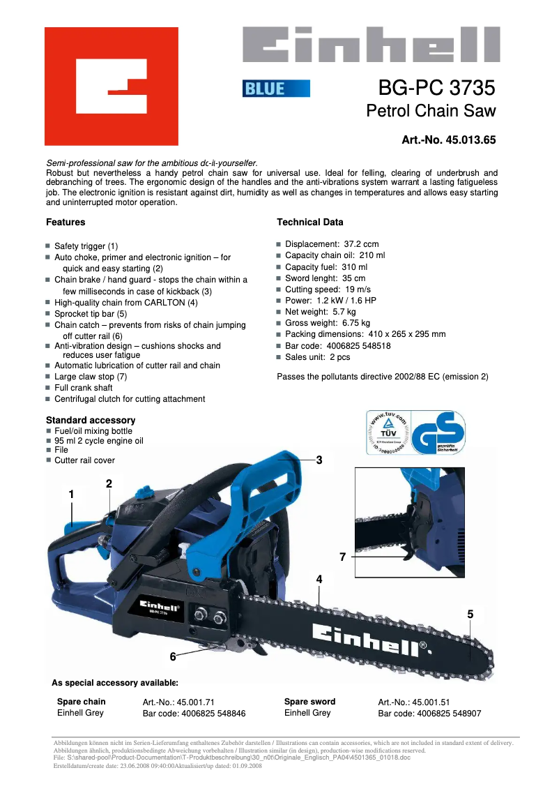 Page n°1 - Manuel utilisateur Einhell BG-PC 3735
