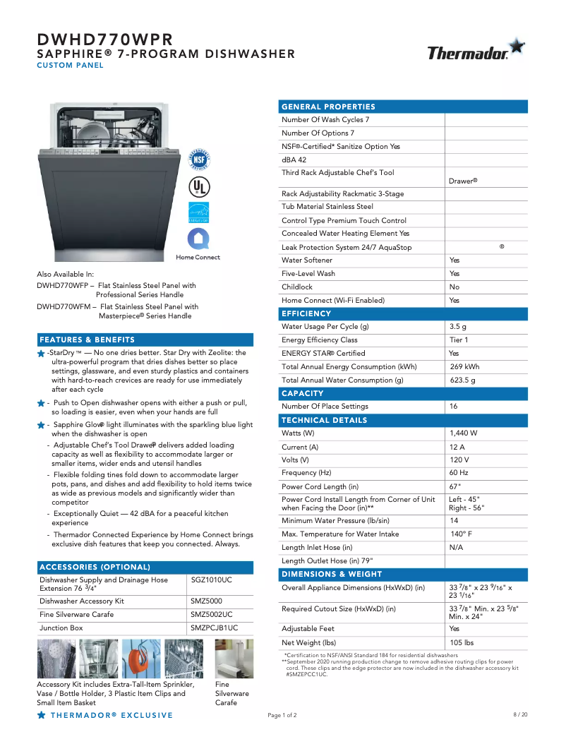 Page 1 de la notice Fiche technique Thermador DWHD770WPR