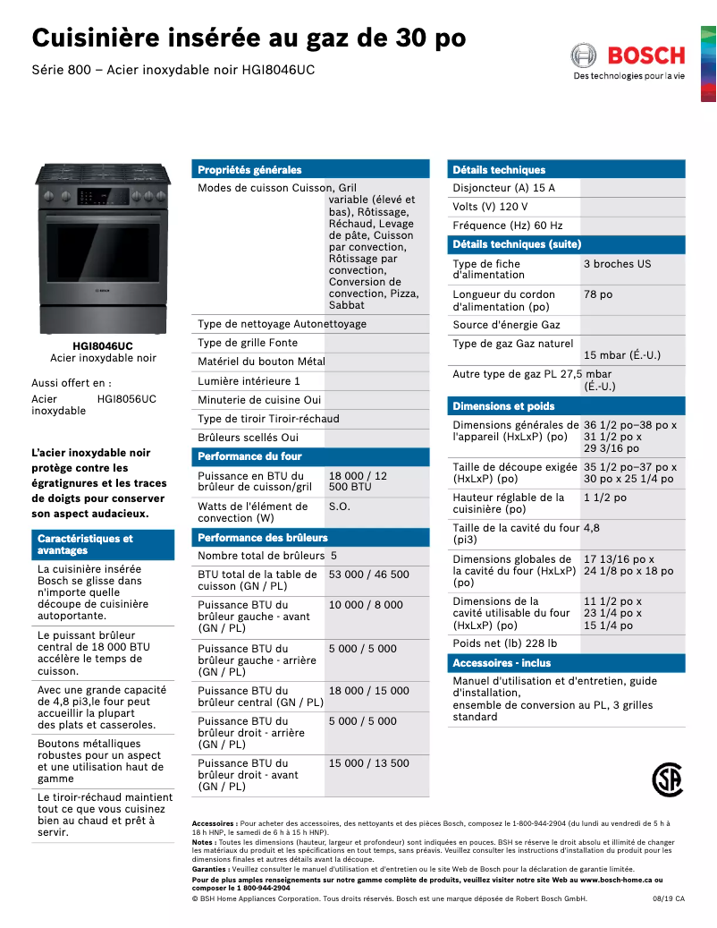 Page 1 de la notice Fiche technique Bosch HGI8046UC