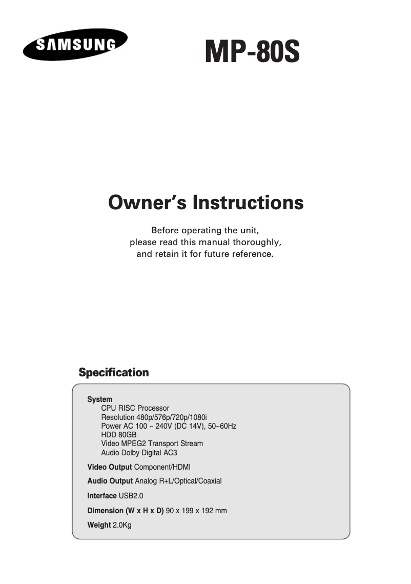 Page n°1 - Manuel utilisateur Samsung MP-80SA12M