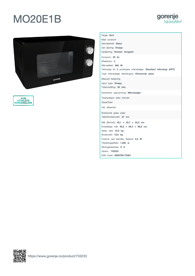 Page n°1 - Brochure Gorenje MO20E1B