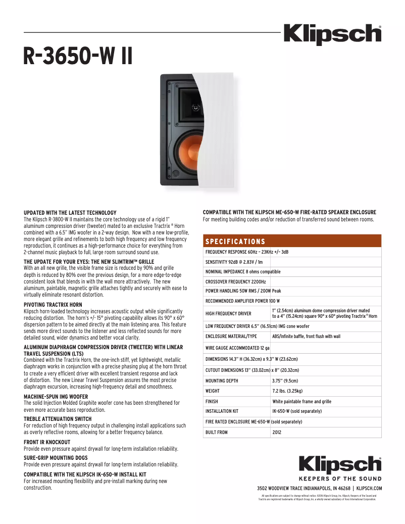 Page 1 de la notice Fiche technique Klipsch R-3650-W II