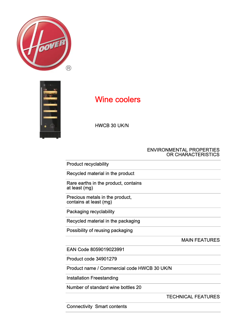 Page 1 de la notice Fiche technique Hoover HWCB 30 UK/N