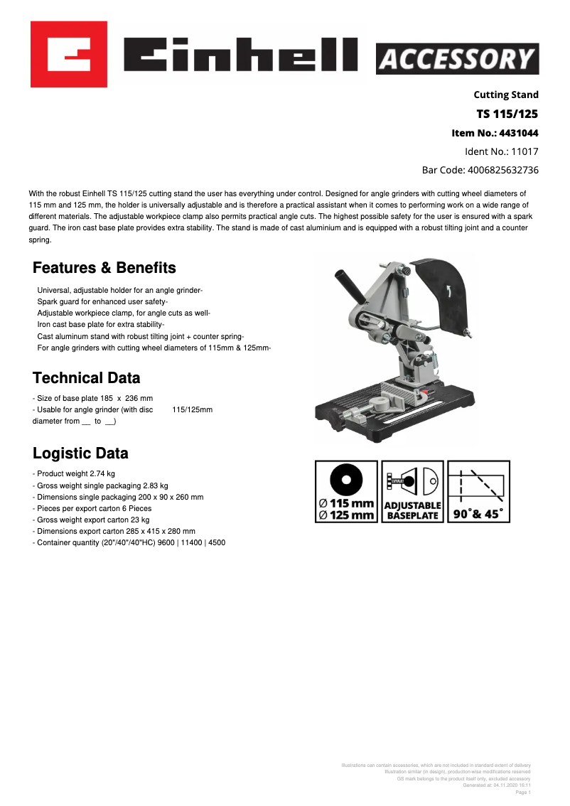 Page 1 de la notice Fiche technique Einhell TS 115/125