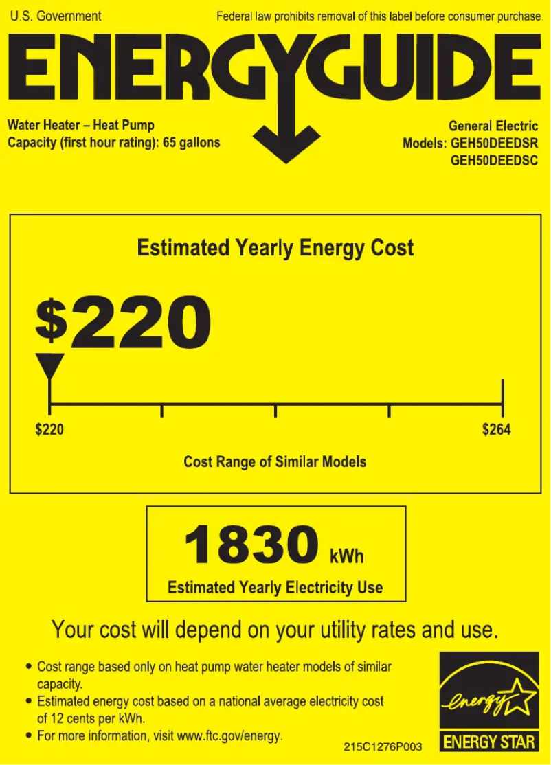 Page 1 de la notice Label énergétique GE GeoSpring H50DEEDSC