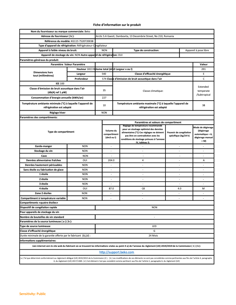 Page 1 de la notice Fiche technique Beko KG115