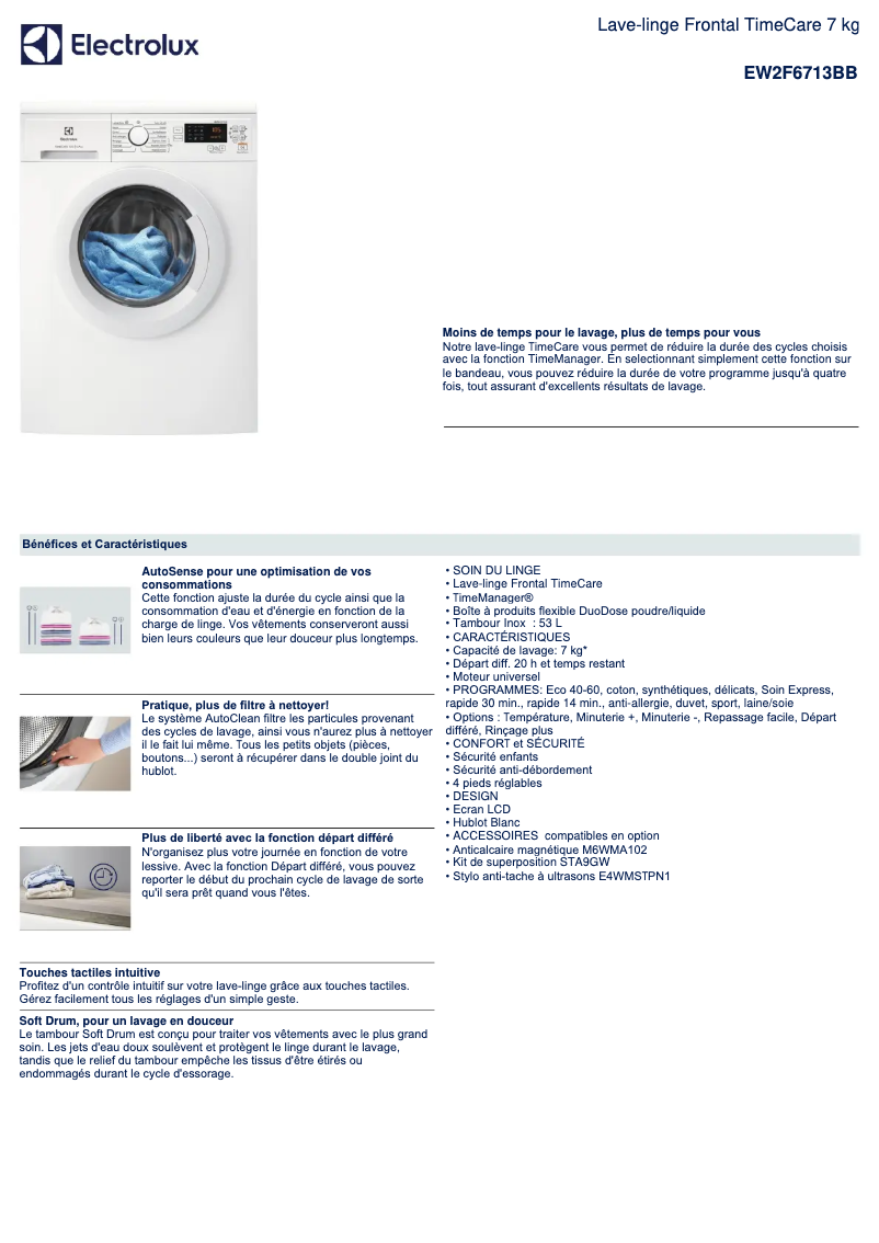 Page 1 de la notice Fiche technique Electrolux EW2F6713BB