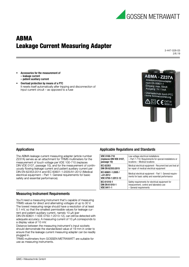 Page n°1 - Fiche technique Gossen Metrawatt ABMA