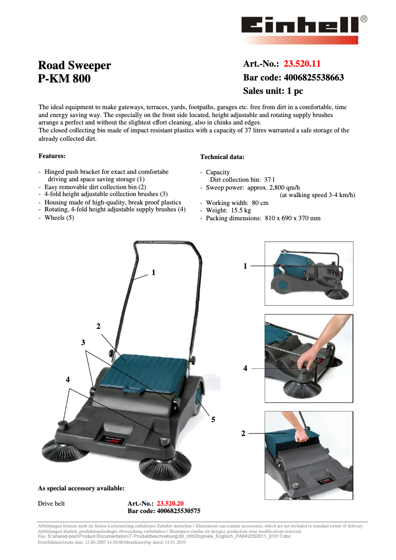 Page 1 de la notice Manuel utilisateur Einhell P-KM 800
