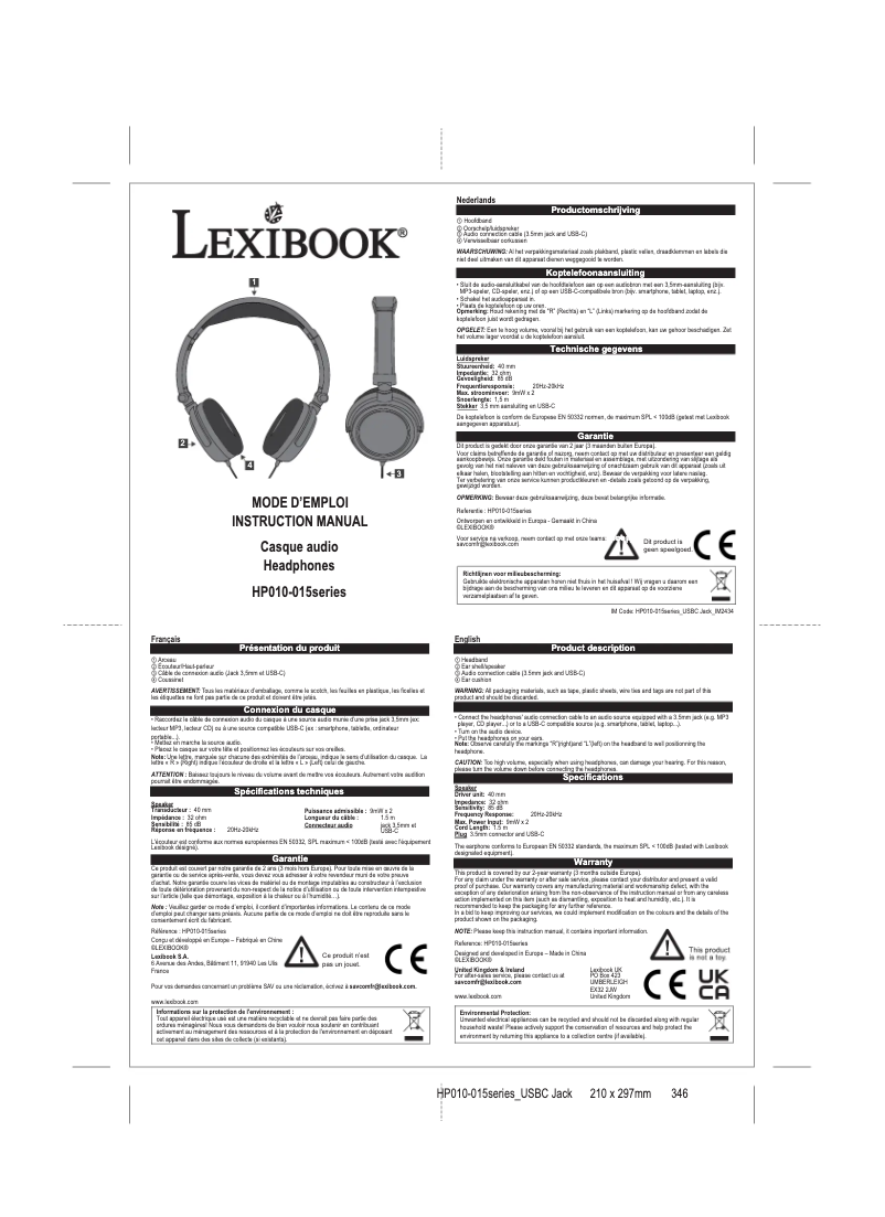 Page 1 de la notice Manuel utilisateur Lexibook HP010MN
