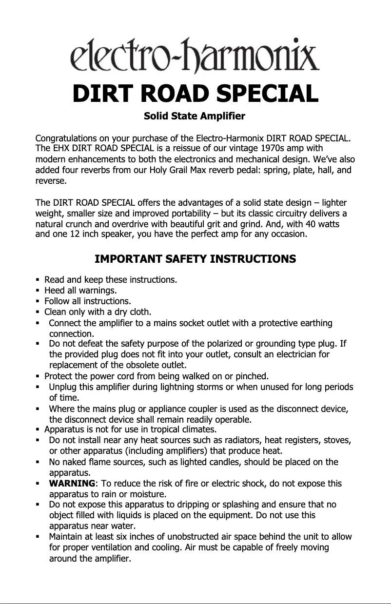 Image de la première page du manuel de l'appareil Dirt Road Special