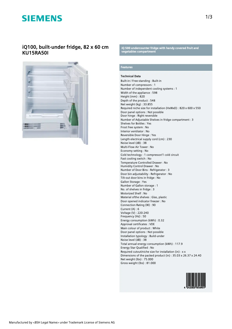Page 1 de la notice Fiche technique Siemens KU15RA50I
