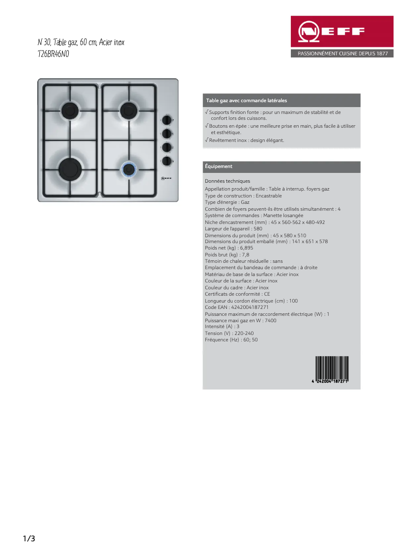 Page n°1 - Fiche technique Neff T26BR46N0