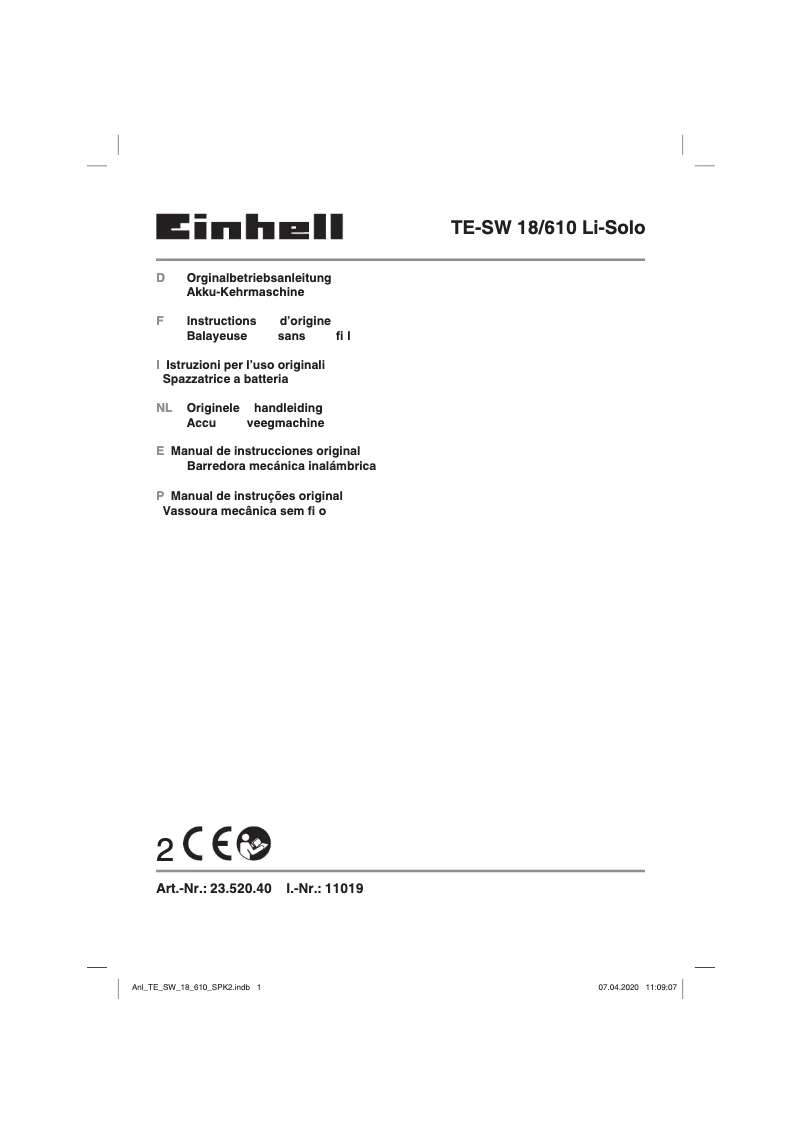 Page 1 de la notice Manuel utilisateur Einhell TE-SW 18/610 Li-Solo