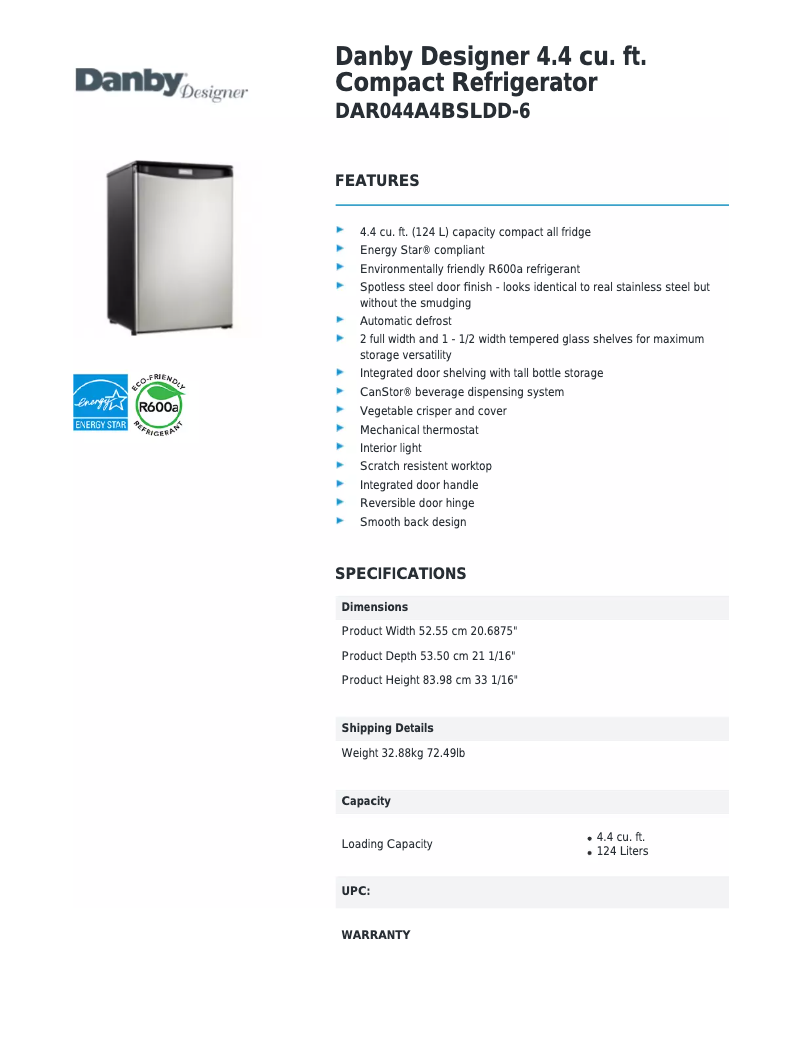Page n°1 - Fiche technique Danby Designer DAR044A4BSLDD-6