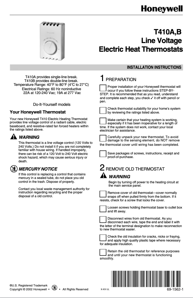 Page n°1 - Guide d'installation Honeywell T410B