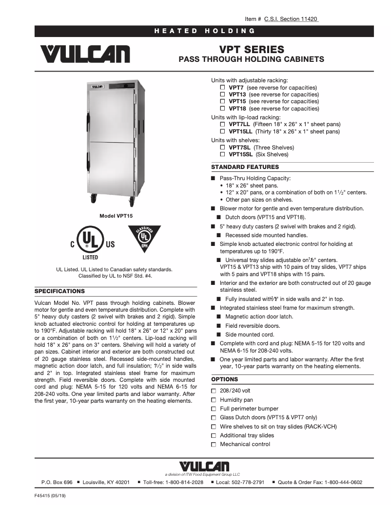 Page 1 de la notice Fiche technique Vulcan VPT15