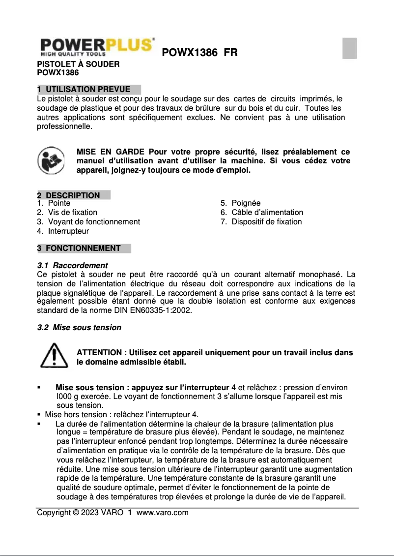 Page n°1 - Manuel utilisateur PowerPlus POWX1386