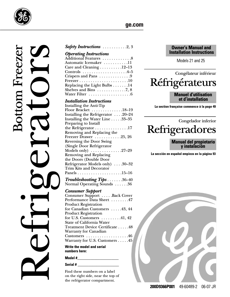 Page n°1 - Manuel d'utilisation et d'entretien GE Profile PFSF5NJWBB