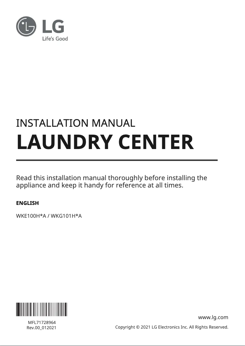 Page n°1 - Guide d'installation LG WKE100HVA