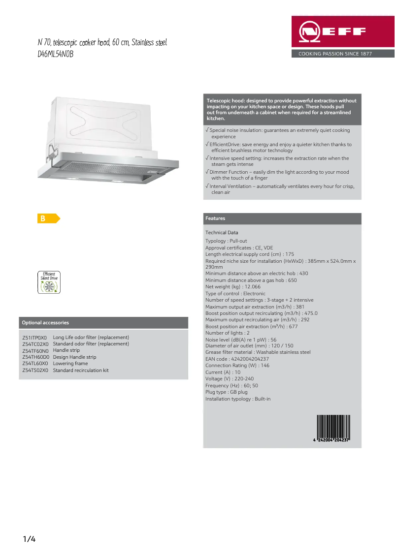 Page 1 de la notice Fiche technique Neff D46ML54N0B