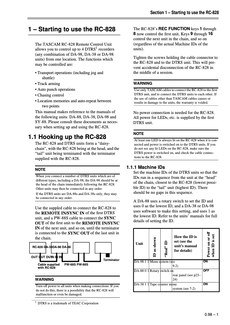 Page n°1 - Manuel utilisateur Tascam RC-828
