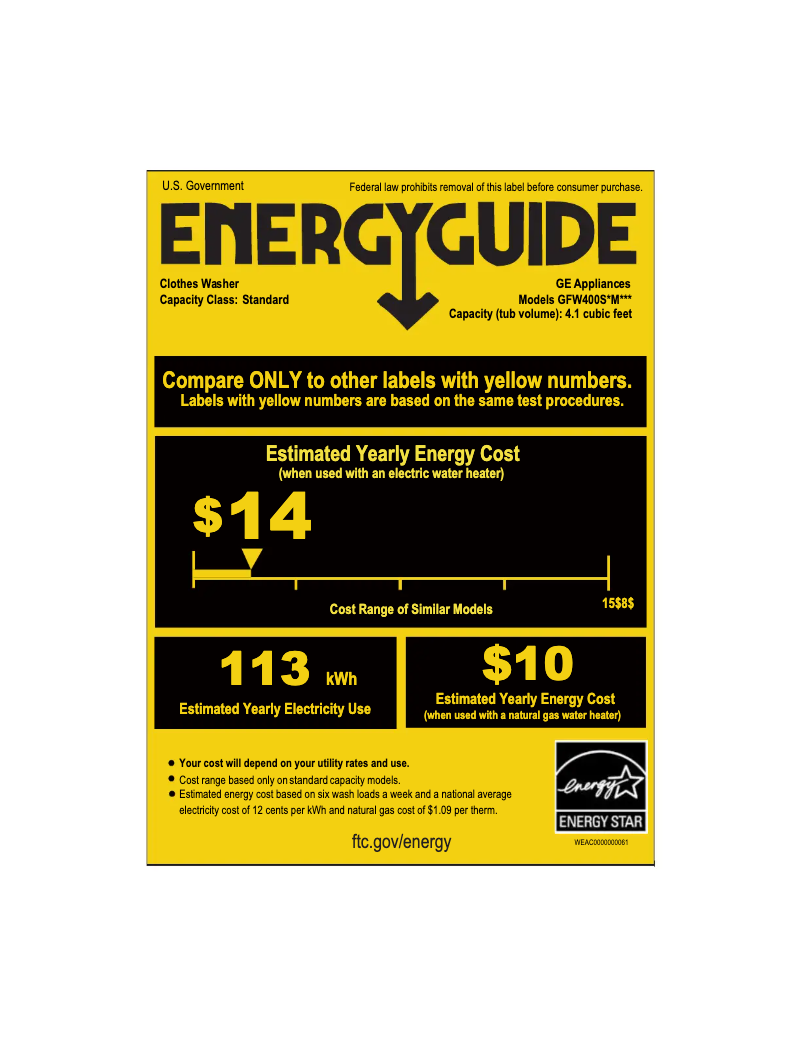 Page n°1 - Label énergétique GE GFW400SCMWW