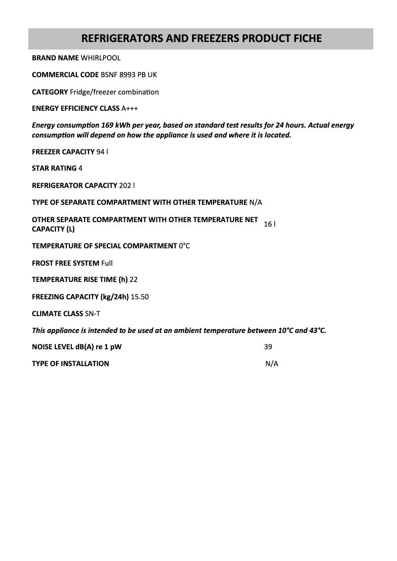 Page n°1 - Fiche technique Whirlpool BSNF 8993 PB UK