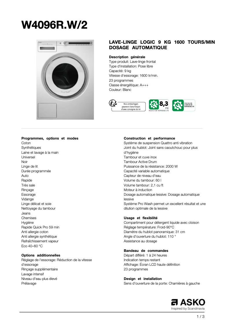 Page n°1 - Fiche technique Asko W4096RW2