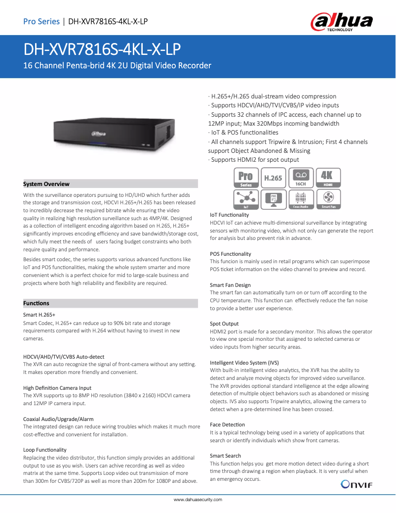 Page 1 de la notice Fiche technique Dahua Technology XVR7816S-4KL-X-LP
