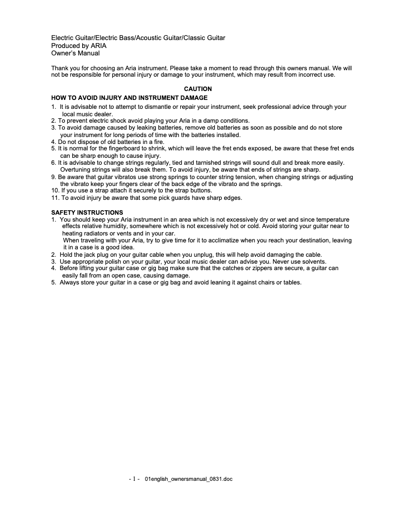 Page n°1 - Manuel utilisateur Aria STG-003