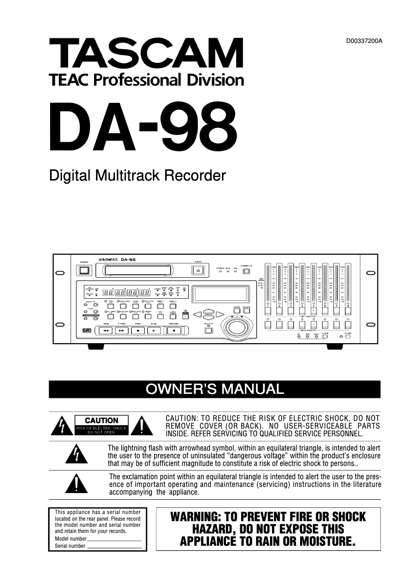 Page 1 de la notice Manuel utilisateur Tascam DA-98